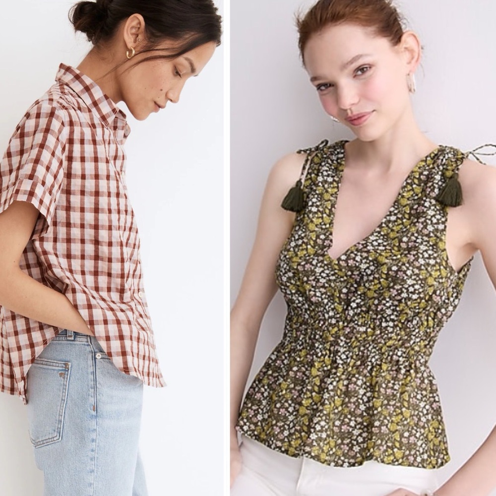 Lot of 2 Tops Floral Green J Crew  & Plaid Madewell Baybrook Shirts Size XXS